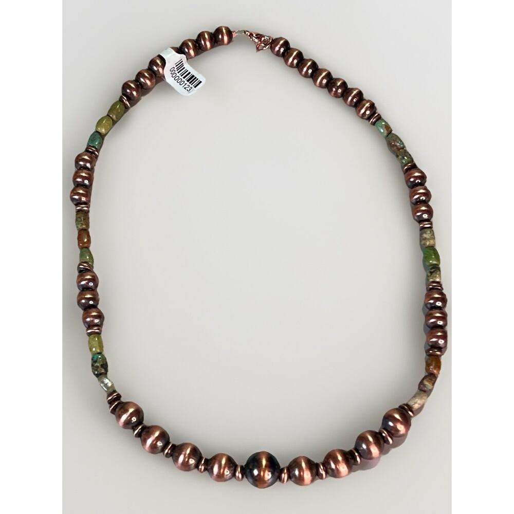 Royston Turquoise Oxidized Copper Desert Pearl 16” Southwestern Beaded Necklace - Picture 4 of 13